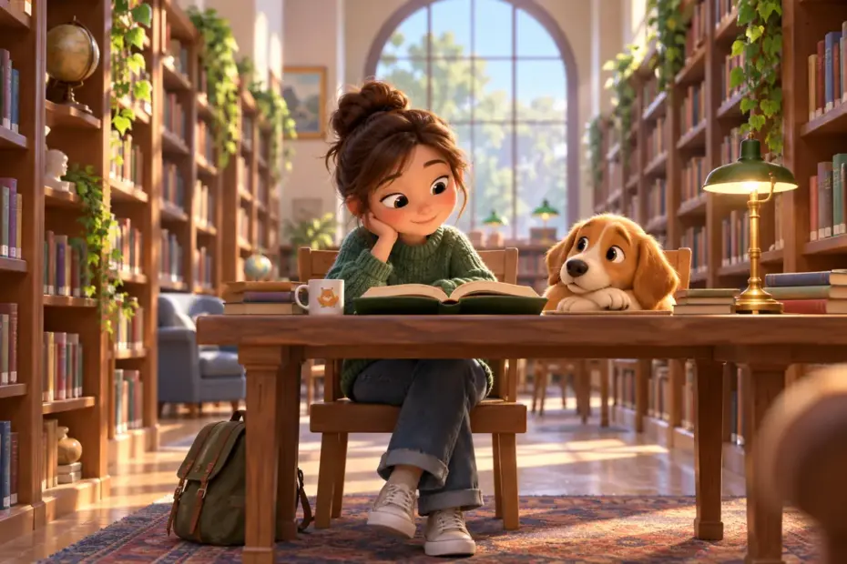 Wide library aisles lead to a quiet reading table.