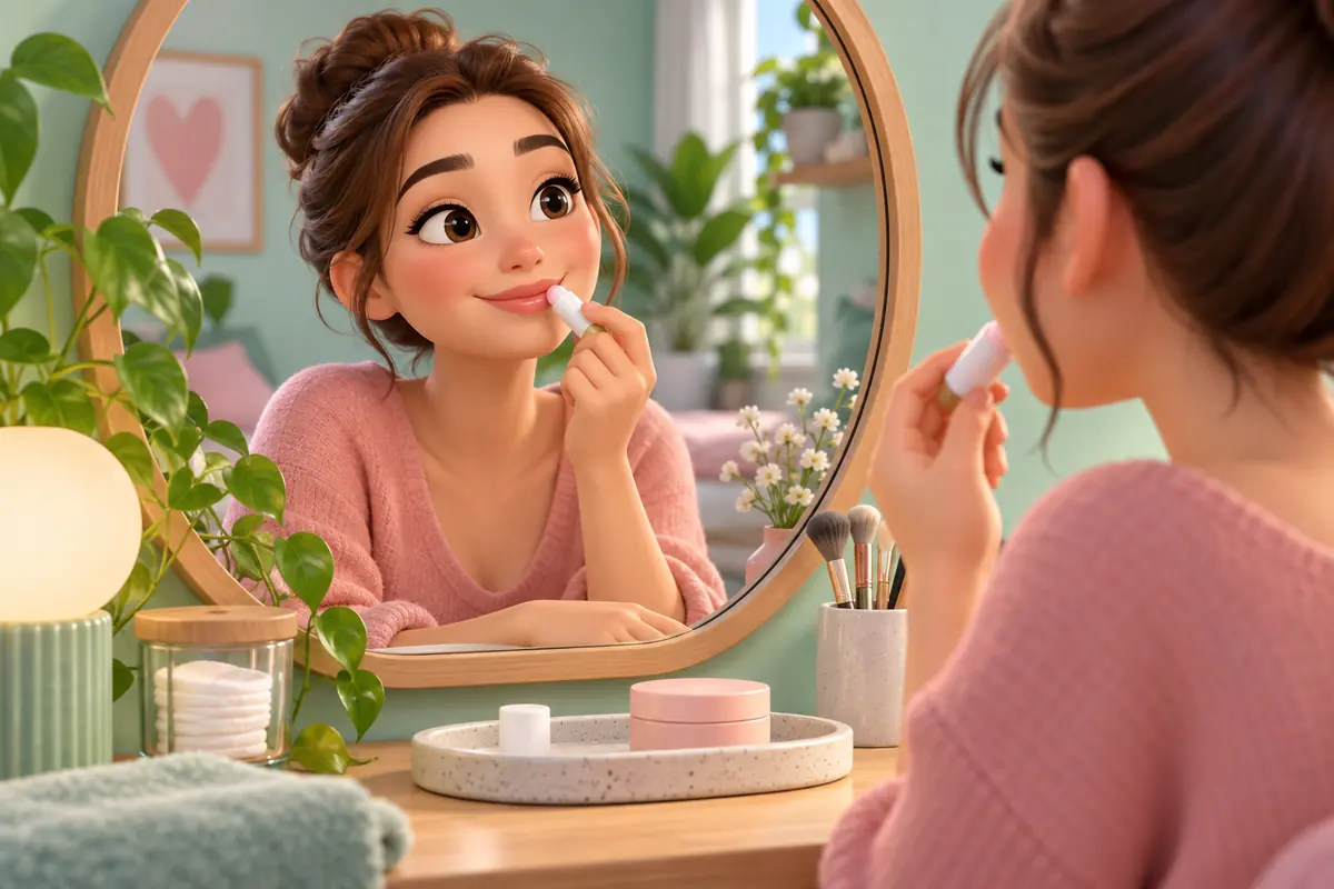 A person applies balm beside a mirror in a simple morning scene.