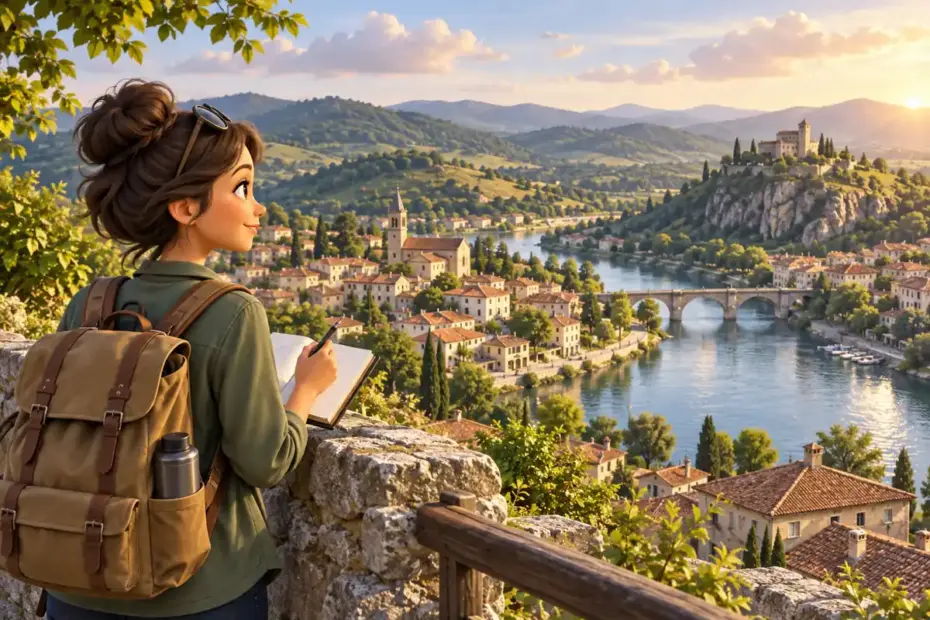A travel writer observes a town, river, and hills from a scenic overlook.