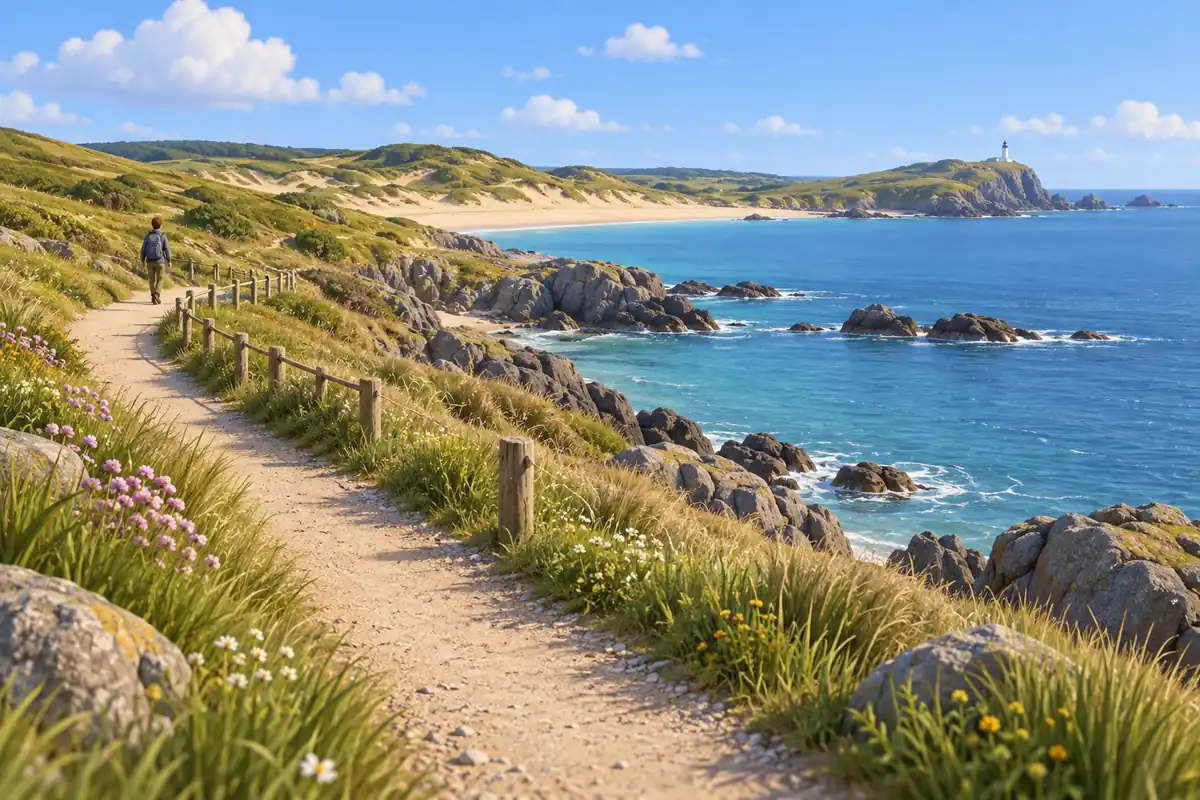 A quiet coastal footpath curves beside the sea and low grass-covered dunes.