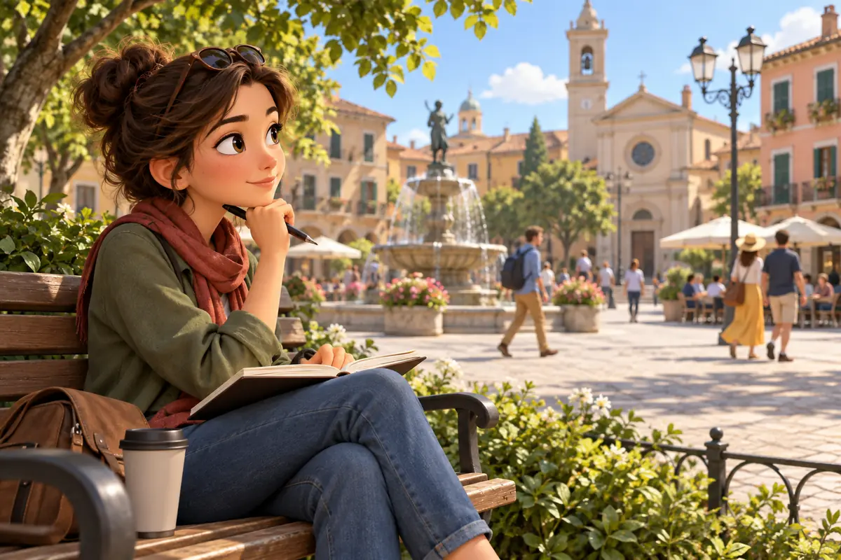A writer studies a town square from a quiet park bench with a notebook open.