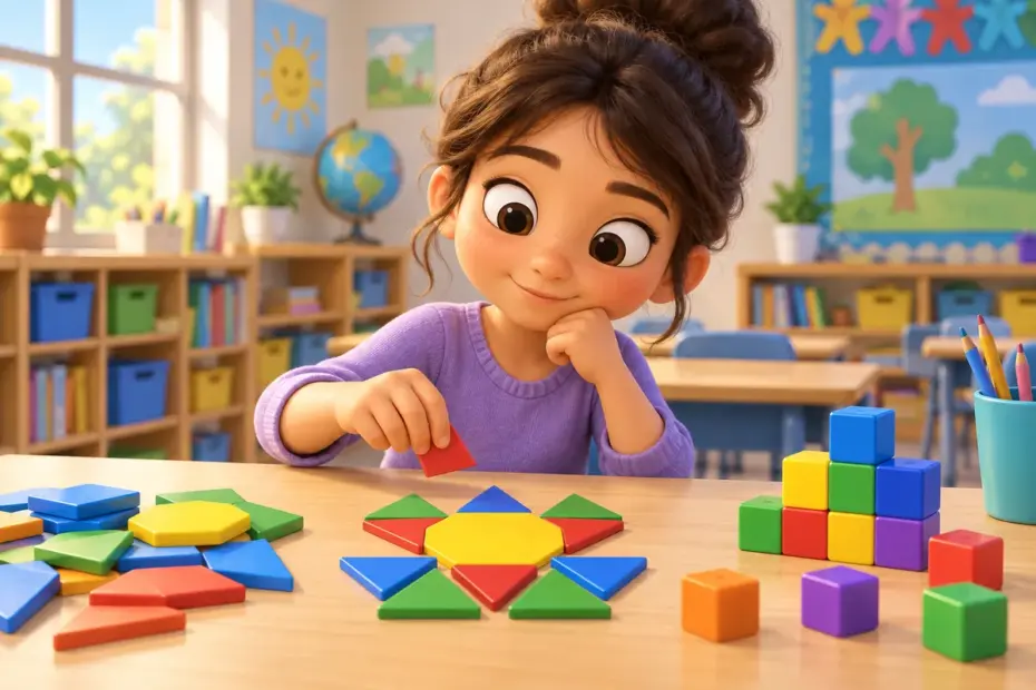A student arranges colorful shapes and cubes while working on a math puzzle.