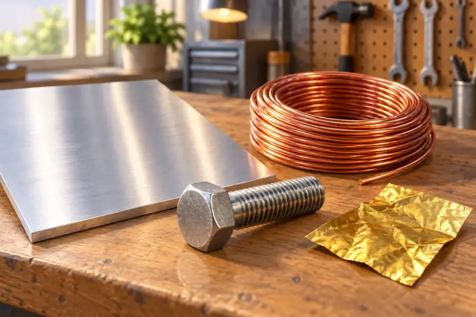 An aluminum sheet, copper wire, steel bolt, and gold foil show different metal forms.