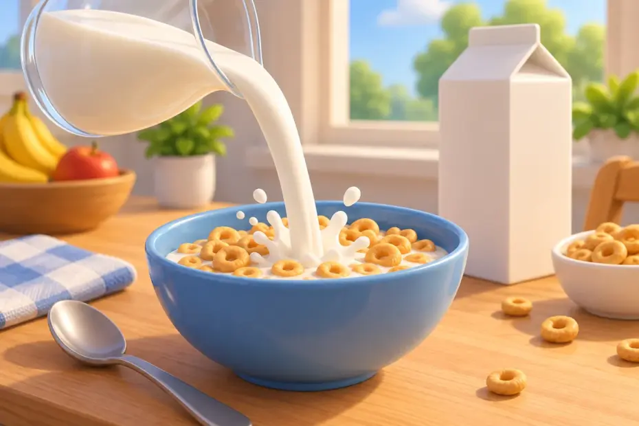 Milk pours from a glass pitcher into a bowl of cereal beside a spoon.