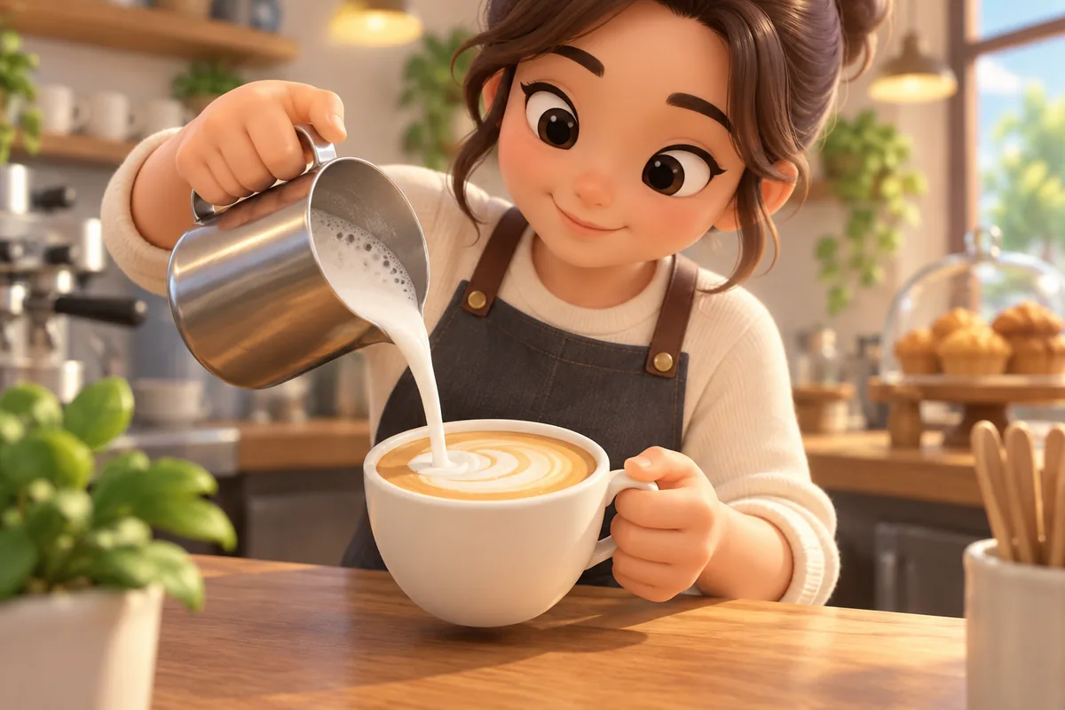 A barista pours foamed milk into a plain cup beside a small pitcher.
