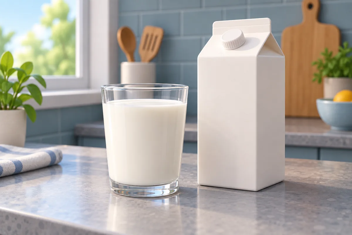 A glass of milk shows a smooth white surface beside an unopened plain carton.