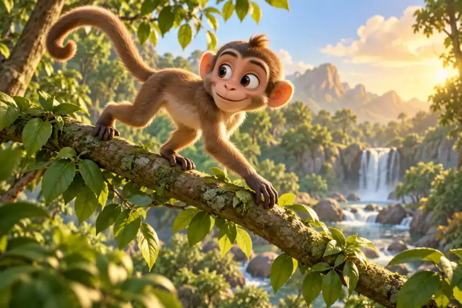 An agile long-tailed monkey balances on a leafy branch above a forest floor.