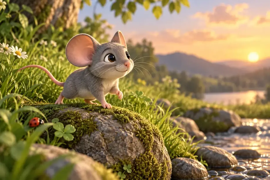 A small gray mouse at a grassy edge.
