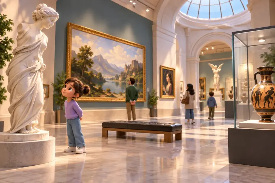 Visitors explore a bright museum gallery with sculpture, framed art, and display cases.