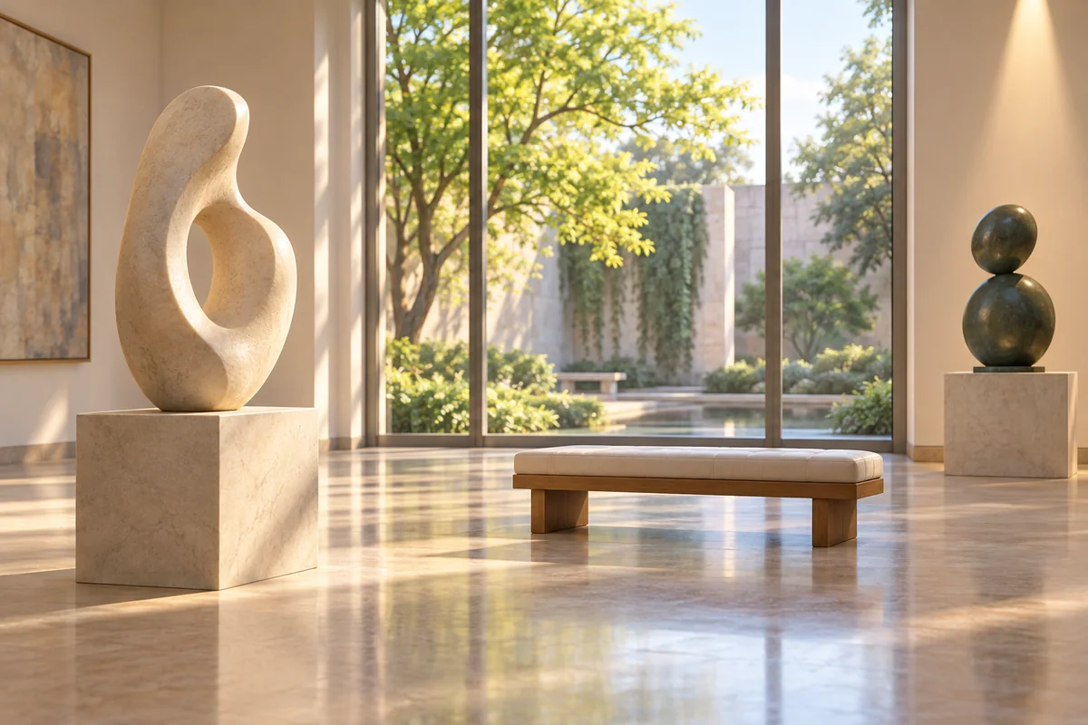 A quiet sculpture gallery opens toward a leafy courtyard through tall windows.