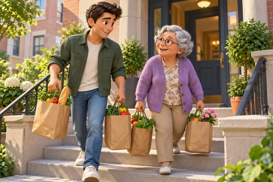 A young neighbor helps an older resident carry grocery bags up the steps to a sunny apartment building.