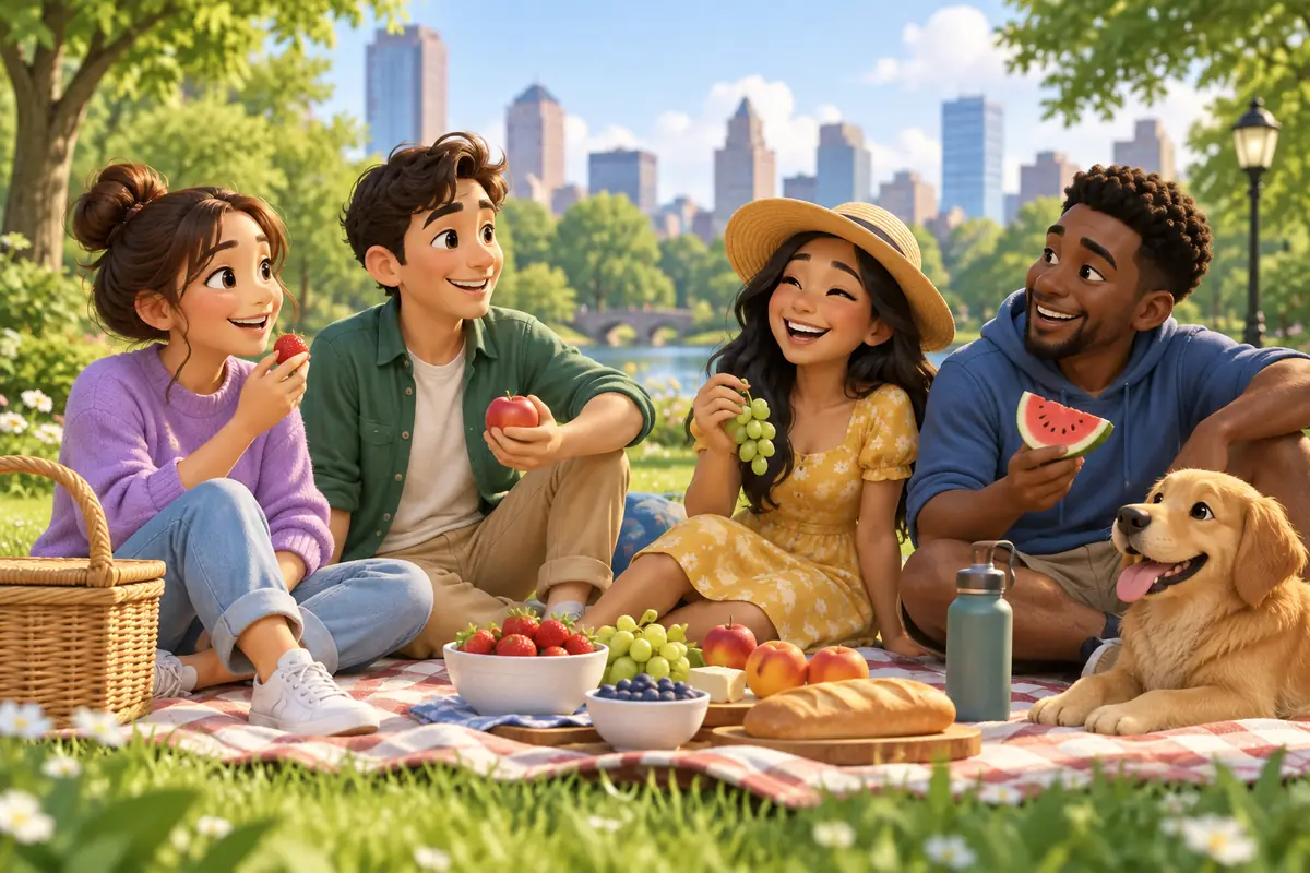 Friends share a relaxed picnic on a green park lawn on a pleasant clear afternoon.
