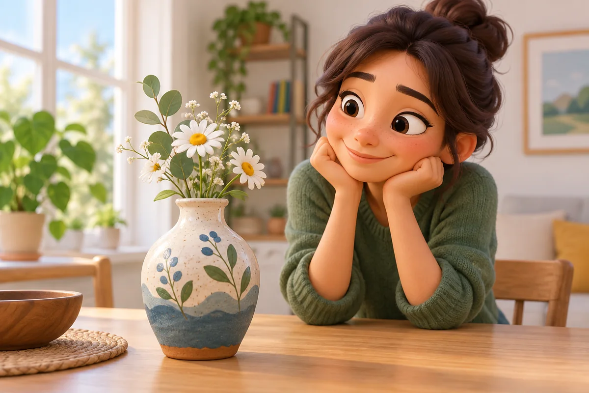 A person admires a charming handmade ceramic vase with simple flowers on a bright table.