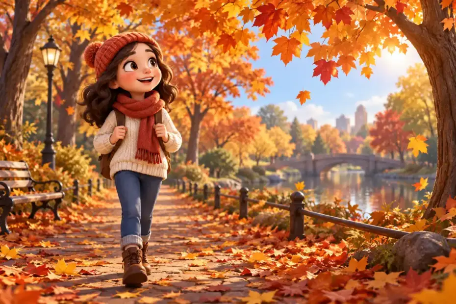 A character walks through an October park with orange leaves and golden autumn light.