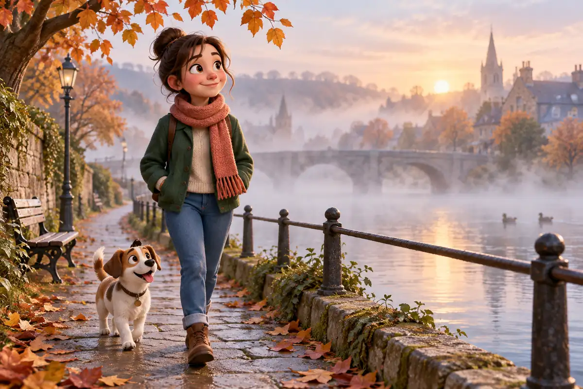 A character walks beside a misty river on a cool autumn morning with fallen leaves.
