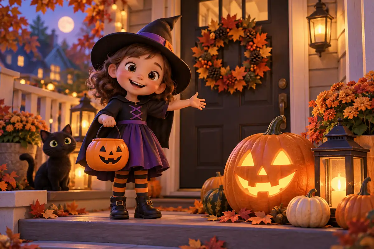 A child in a Halloween costume stands beside glowing pumpkins and warm porch lights.