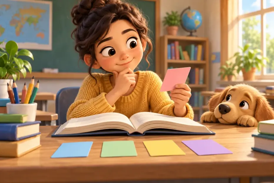 A student considers a book while sorting several blank color cards into a small set.