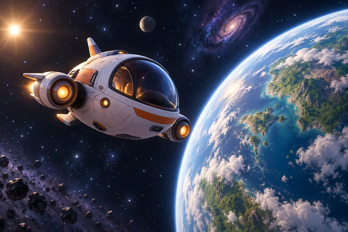 A spacecraft appears beside a planet against a dark star field.
