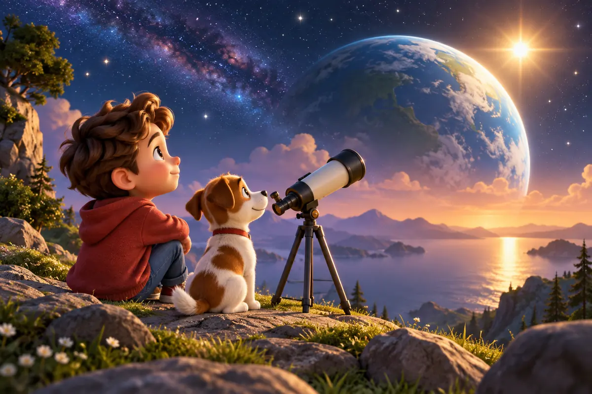 A bright star glows beyond a distant planet and a small telescope.