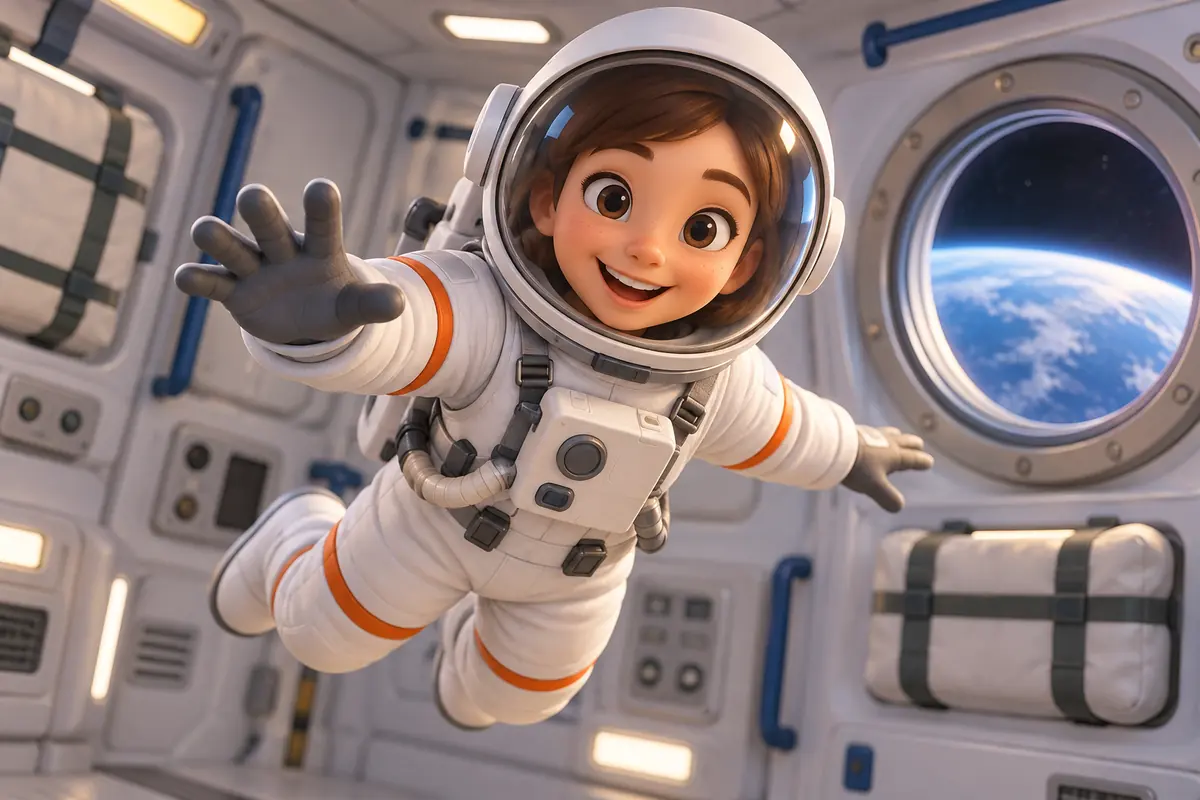 An astronaut floats inside a plain spacecraft cabin.