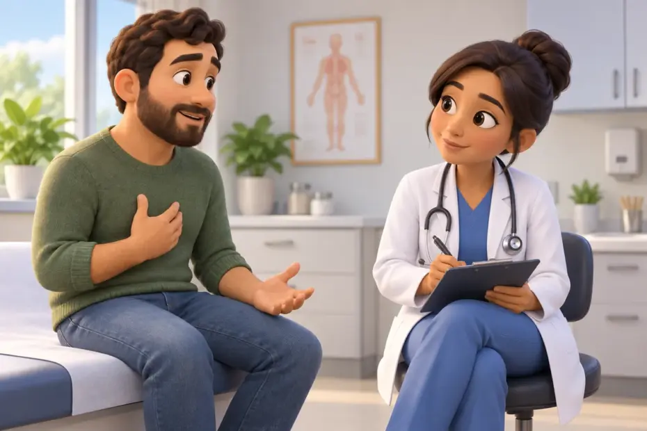 A patient calmly explains where and how pain feels while a clinician listens and takes notes.