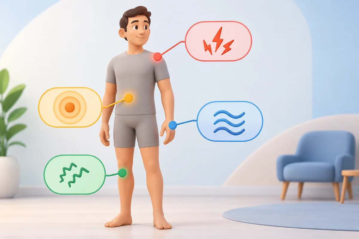 A simple non-graphic 3D body outline has markers for location, showing how pain can be described precisely.