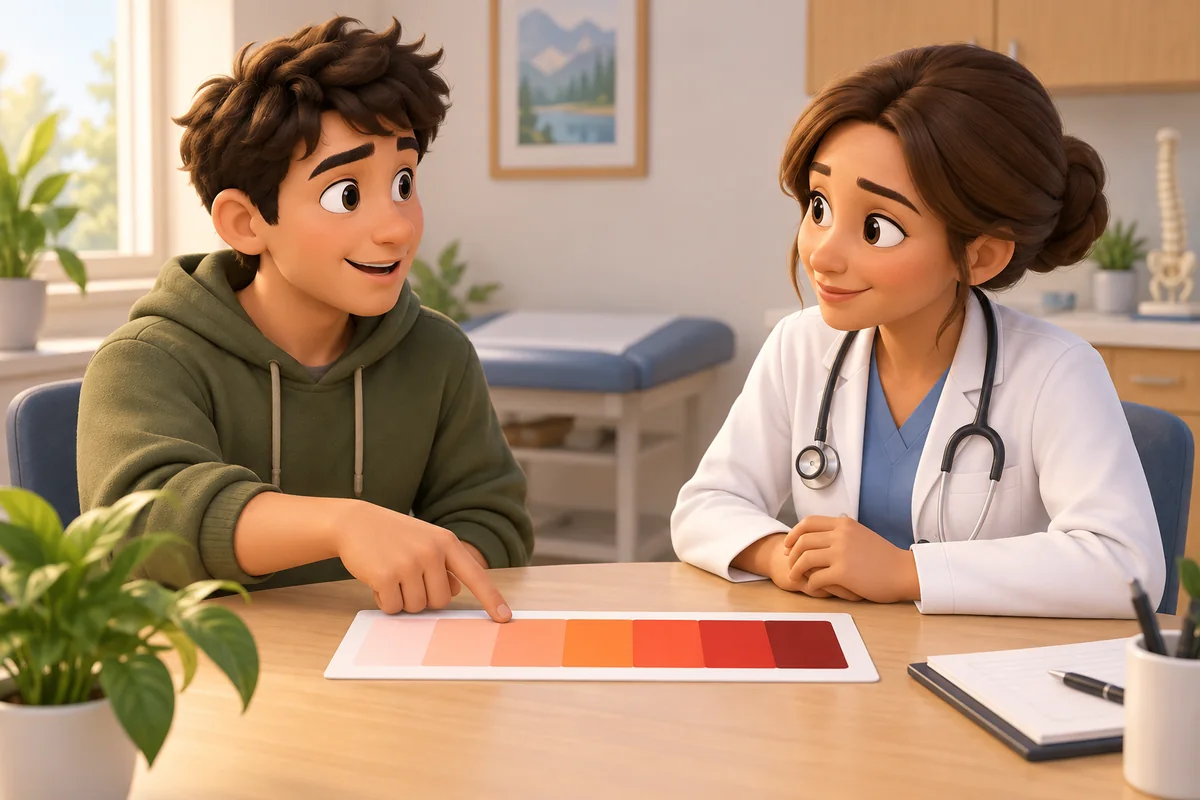 A person points to a plain visual rating strip while discussing symptom intensity with a clinician.