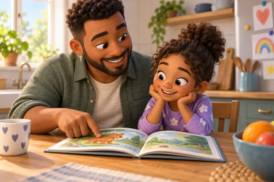 A parent and child read together at a table, sharing attention and encouragement.