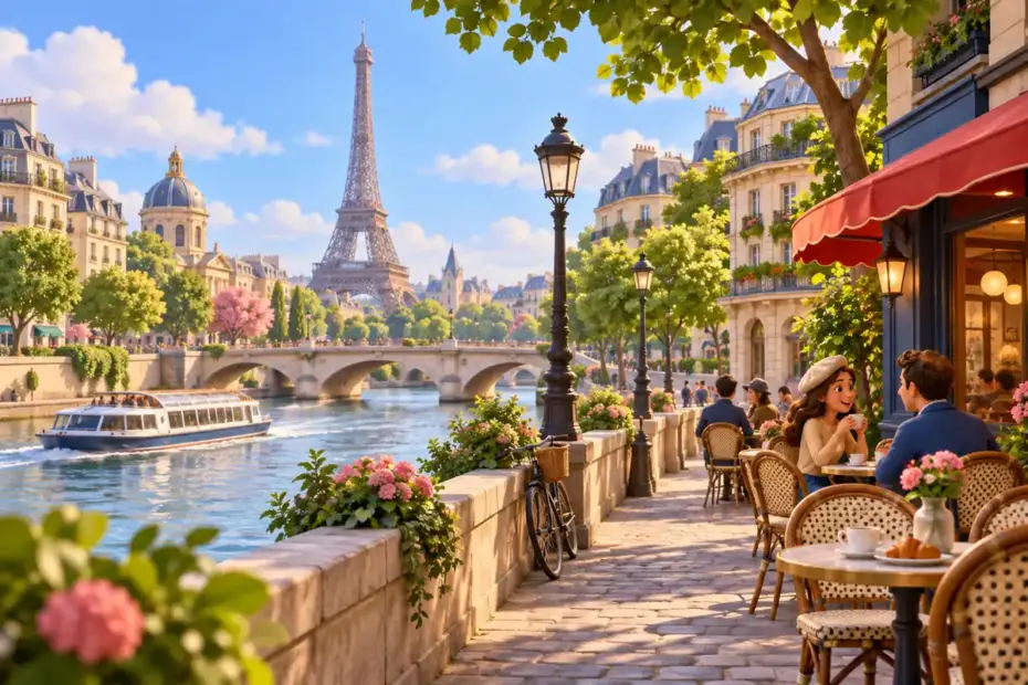 A colorful Paris streetscape with the Eiffel Tower and varied buildings beside the Seine.