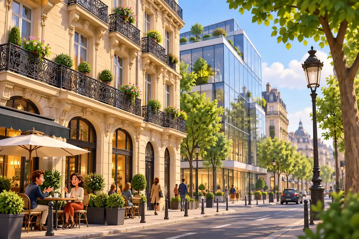 A Paris boulevard shows cream stone façades, wrought-iron balconies, and a newer glass building.