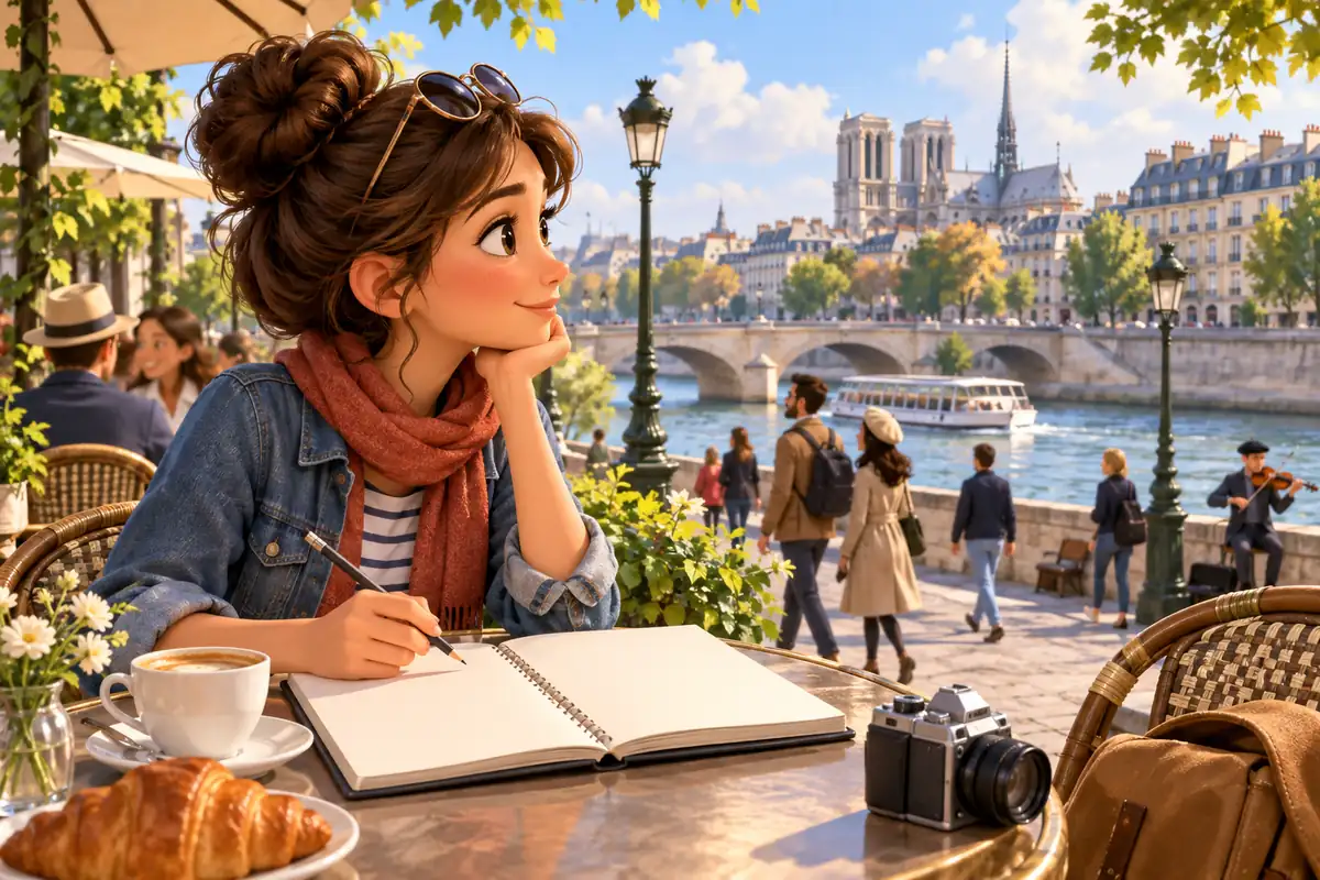 A traveler writes in a sketchbook at a Paris café with a view of rooftops and the river.