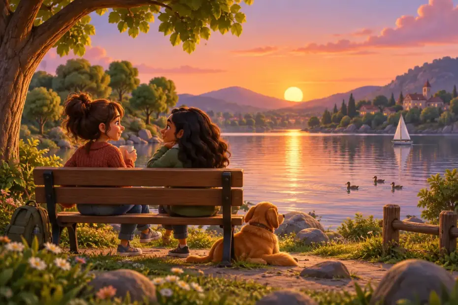 A quiet lakeside garden with a small group sharing a peaceful moment beneath leafy trees.