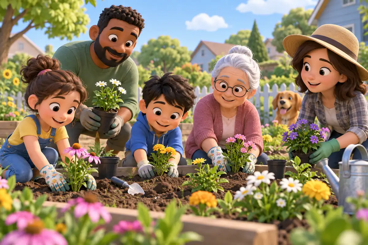 Neighbors from different generations plant flowers together in a calm community garden.