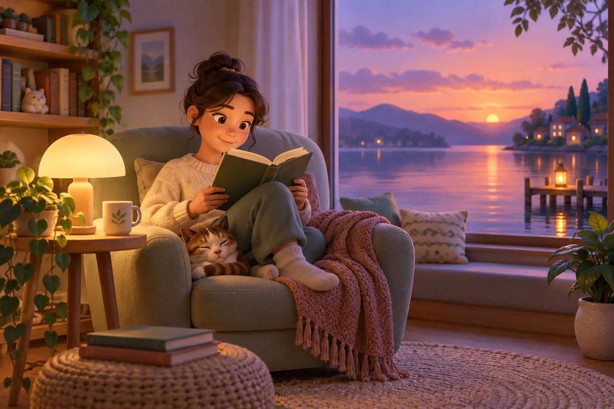 A peaceful room with a person reading beside a still pond at sunset.