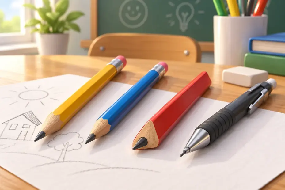 Pencils with different shapes and finishes show how descriptive words can vary.