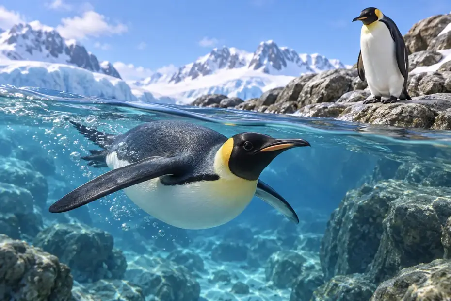 A streamlined emperor penguin swims beneath blue water while another stands on a rocky Antarctic shore.