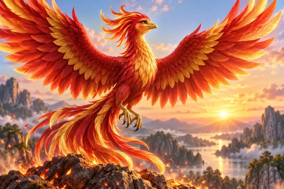A radiant crimson-and-gold phoenix spreads its wings above softly glowing embers at sunrise.