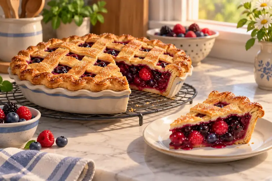 A golden lattice berry pie shows a glossy filling and layered crust.