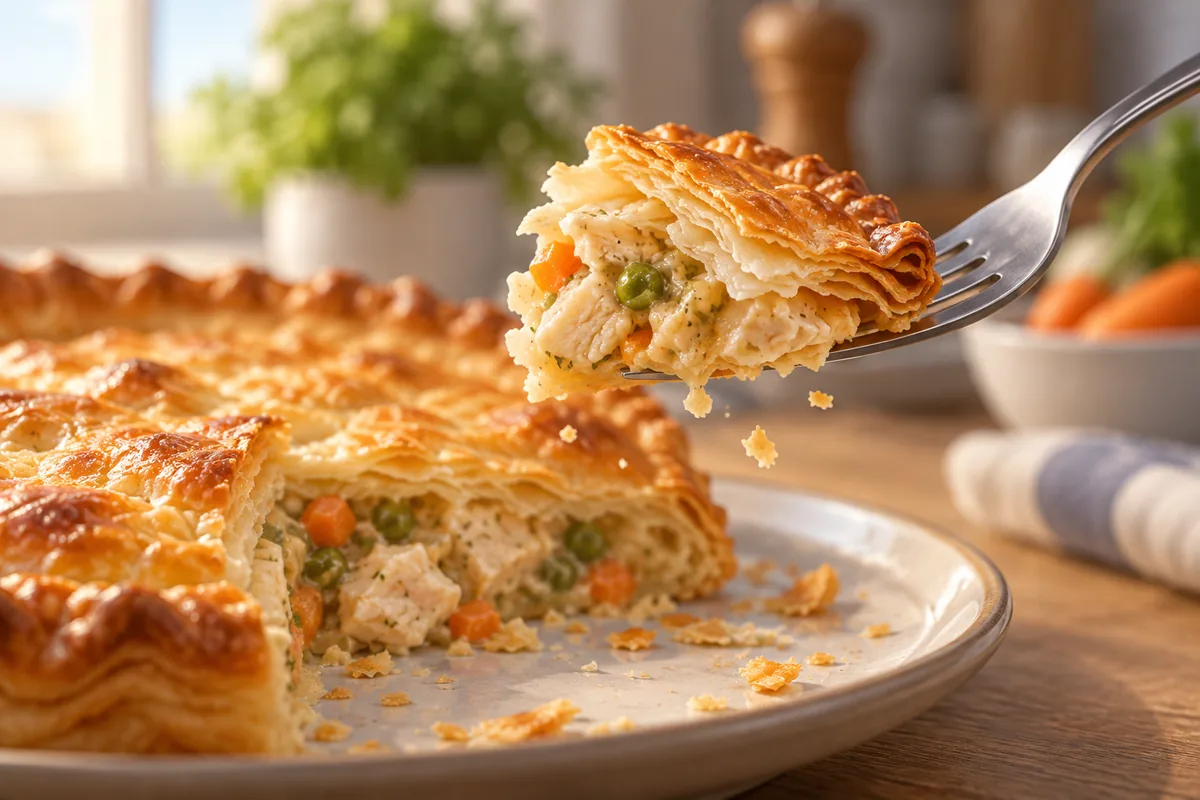 A fork lifts a crisp, flaky piece of pie crust.