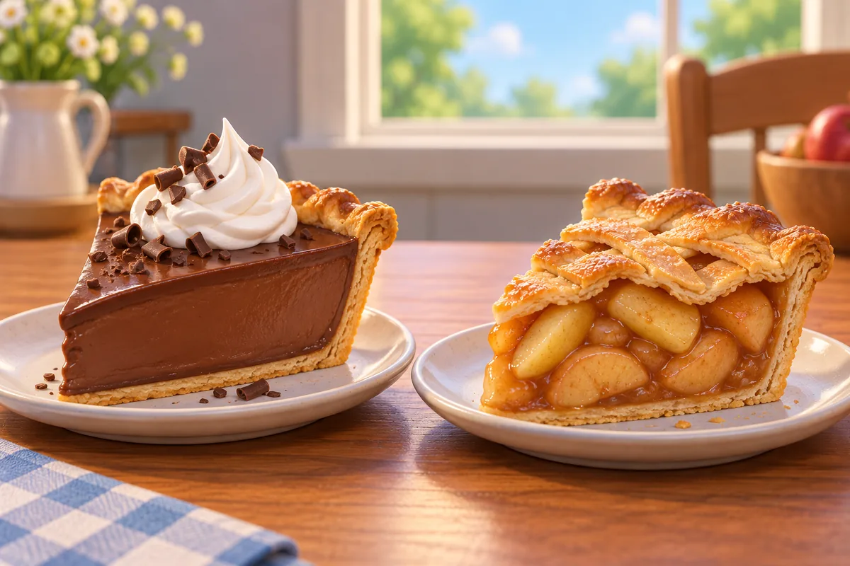 Chocolate custard and apple pie slices show contrasting filling textures.