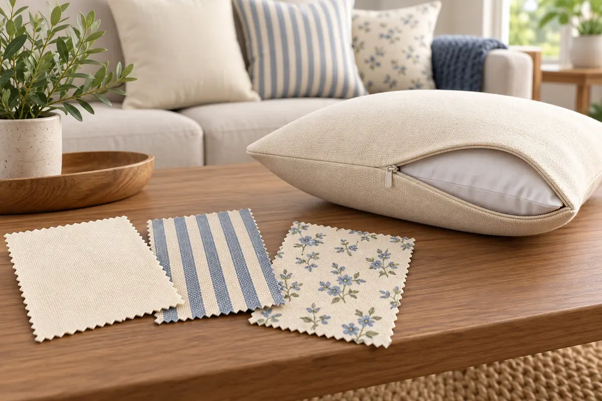 Solid, striped, and floral fabrics show different pillow-cover patterns.