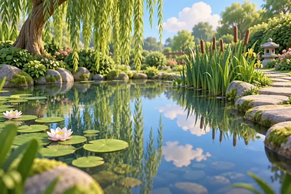 A still pond reflects willow branches and soft clouds at the edge of a green garden.
