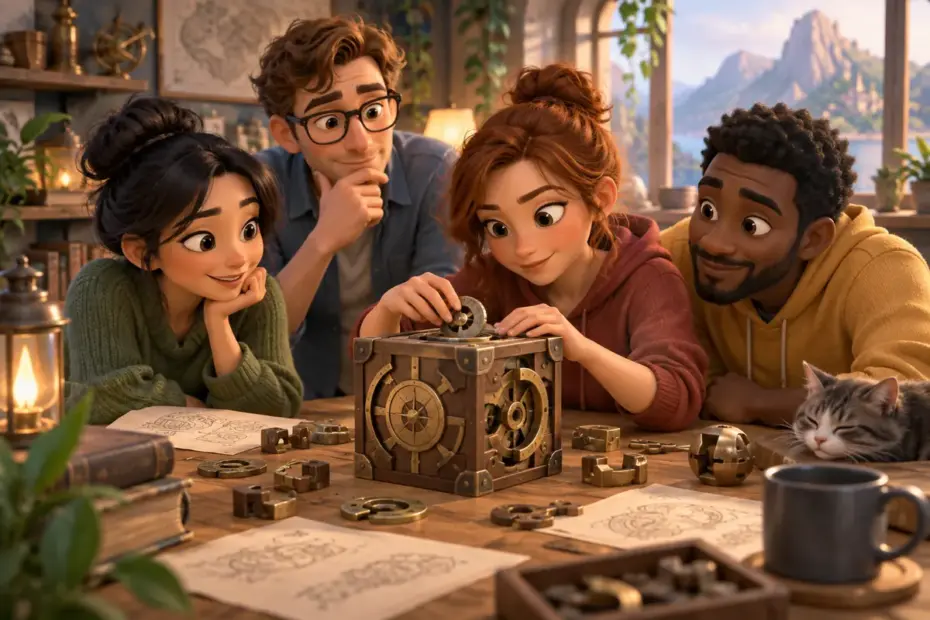 A team works through a complex mechanical puzzle at a table.
