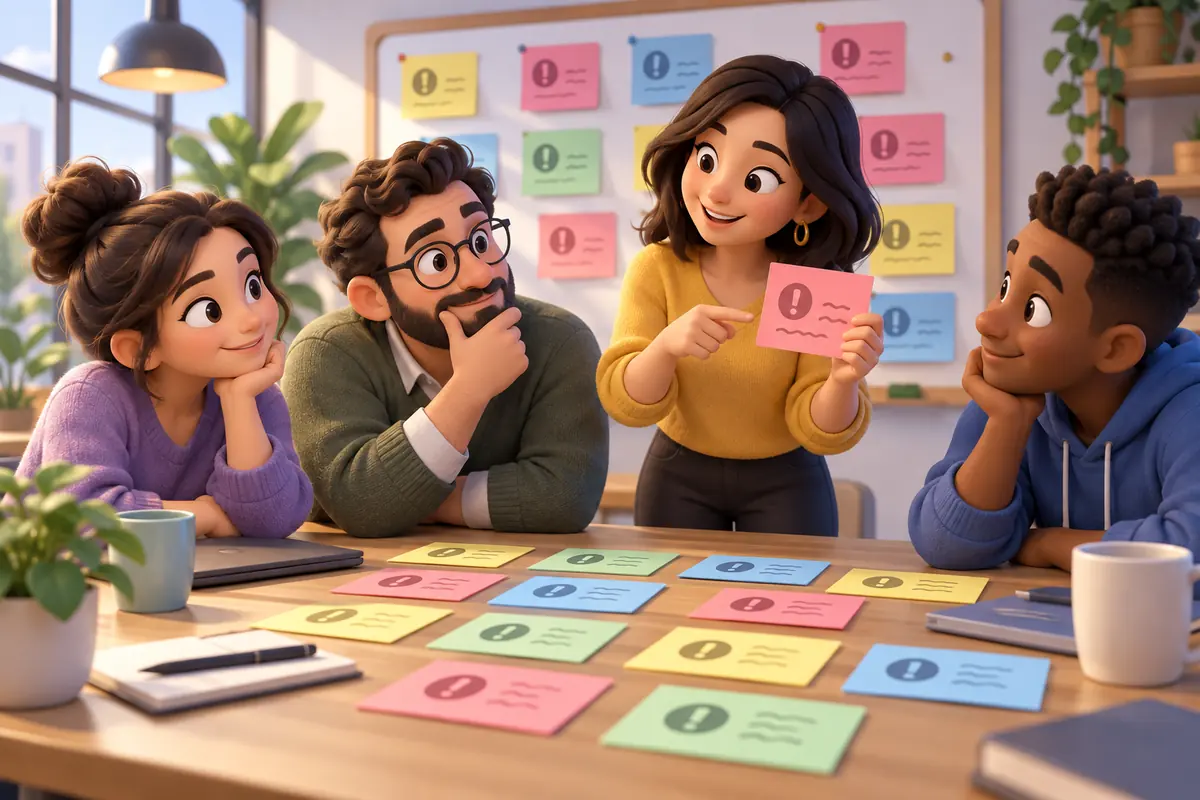 A planning group reviews cards around a table.