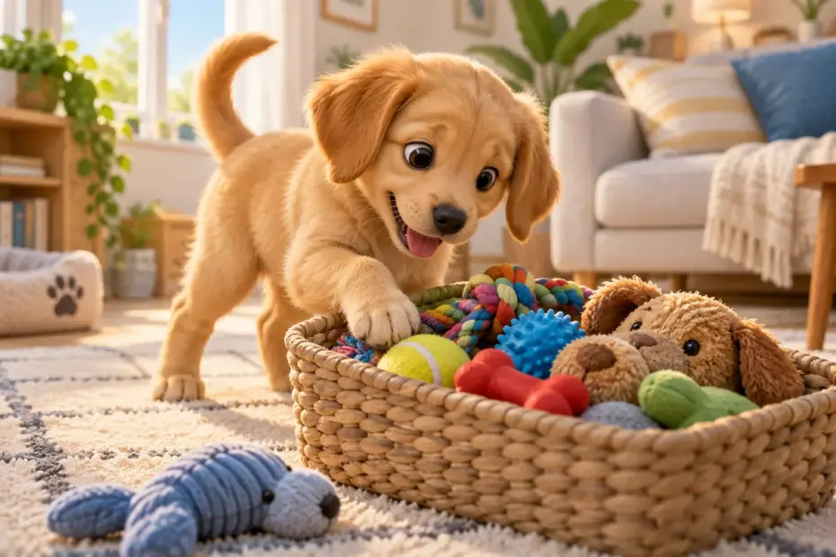A playful golden puppy explores colorful toys in a bright living room.