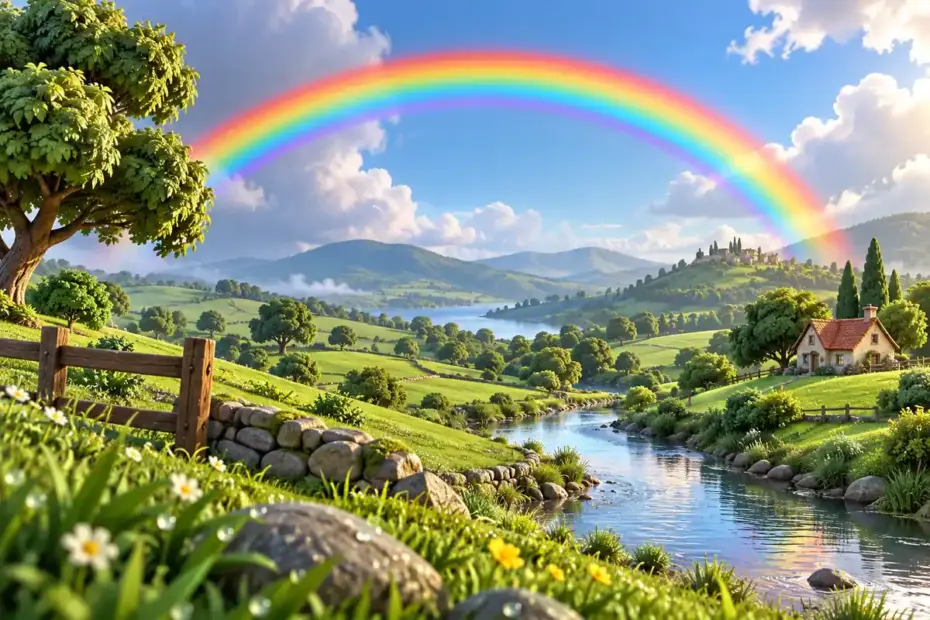 A vivid rainbow arches above green fields after a rain shower.