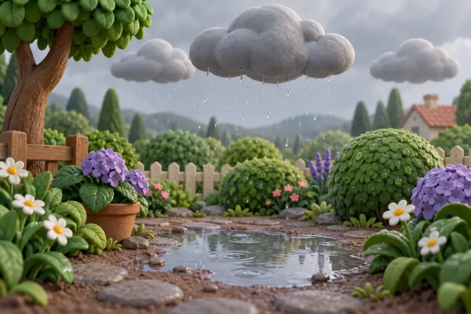 Soft gray rain clouds release fine drizzle over a green garden and a small puddle.