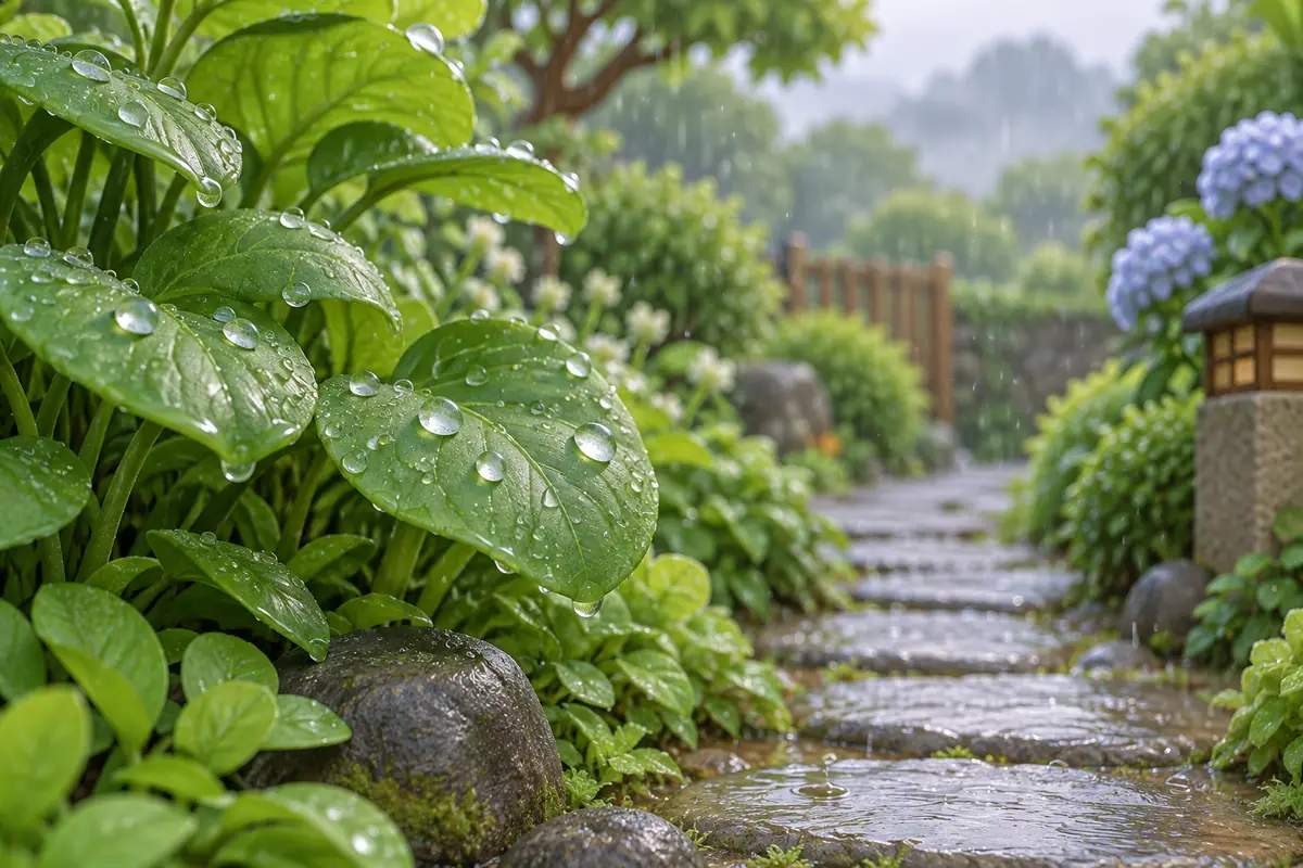 A light drizzly shower leaves tiny beads of water on leaves and a narrow garden path.