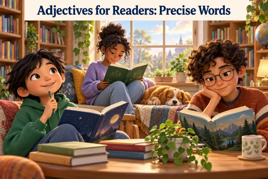 A diverse group of readers enjoy different books in a welcoming library, each absorbed in a different way.