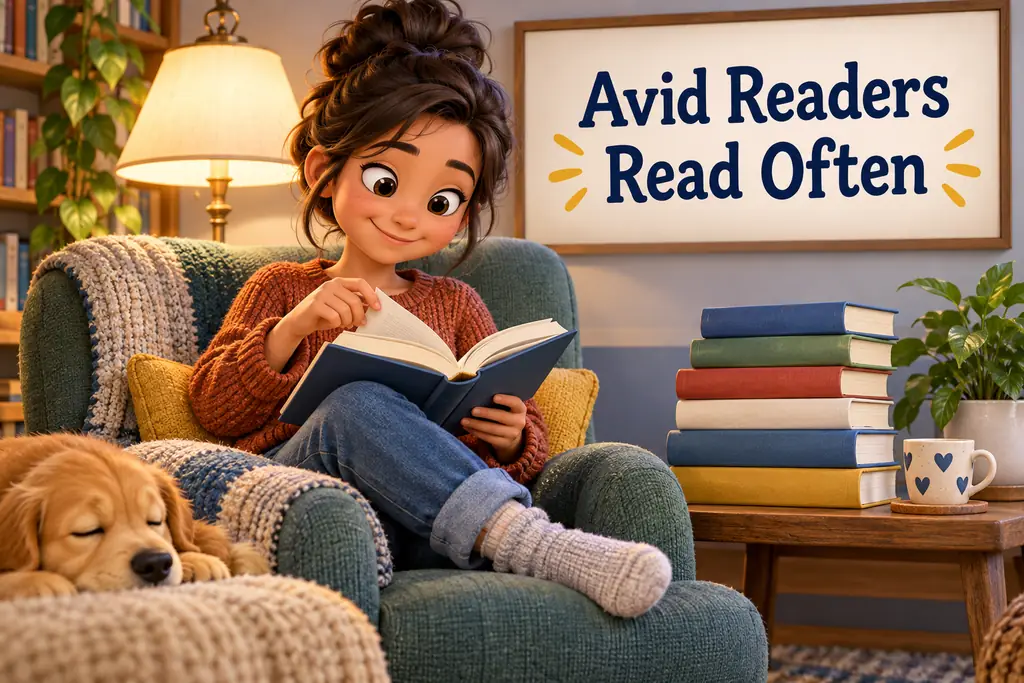 An absorbed reader turns a page beside a stack of books, illustrating the adjective avid.